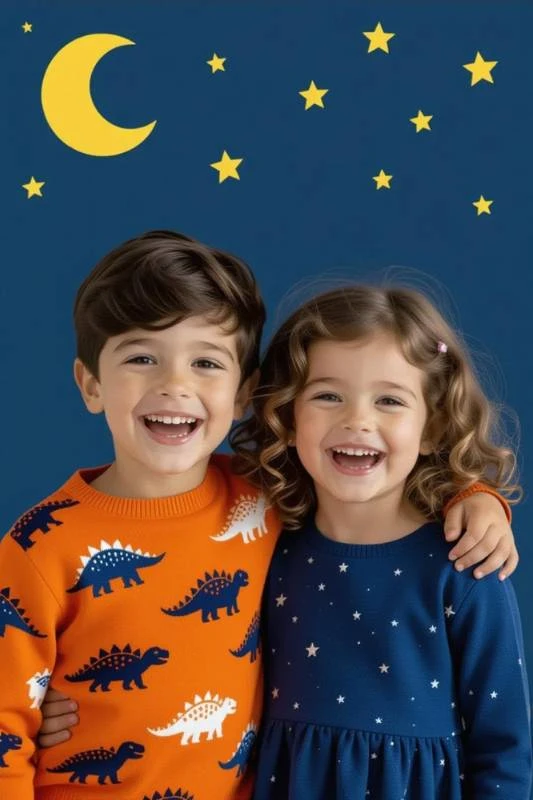 A flat-lay of adorable, soft organic cotton children's clothing produced by our factory.