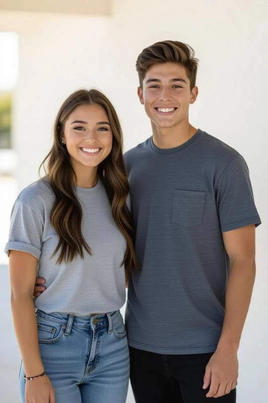 A neat stack of custom-manufactured premium organic cotton t-shirts in various colors.